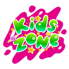 Kids zone vector cartoon logo. Colorful bubble letters for children playroom decoration. Inscription isolated on background