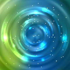 Abstract background with luminous swirling backdrop. Vector infinite round tunnel of shining flares. Blue, green colors.