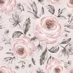 Gordijnen Naadloze achtergrond met bloemen en bladeren. Bloemmotief voor behang, papier en stof. Aquarel hand tekenen. Vintage roze rozen op witte achtergrond. © Erenai