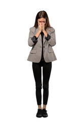 Fototapeta premium A full-length shot of a Business woman with tired and sick expression over isolated white background