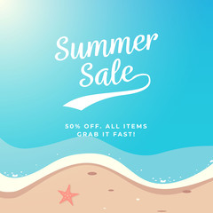 Summer Sale background vector design. Top view beach illustration.