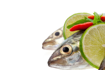 Fresh fish with lemon and leaf isolated on white background,concept cooking background