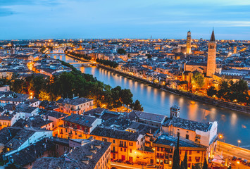 Night aerial view of Verona, Italy - obrazy, fototapety, plakaty