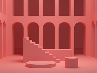 Minimal Scene with arches and empty podium all in coral color. Scene with geometrical forms, coral pink arches background, platform and stairs with and others cylindrical podiums. 3D render