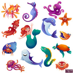 Set of cartoon marine inhabitants.