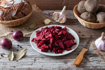 Sliced red beets and other ingredients to prepare fermented beet kvass