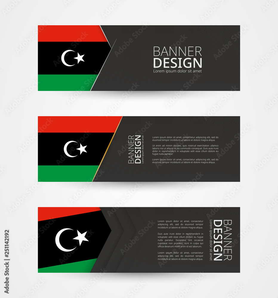 Wall mural set of three horizontal banners with flag of libya. web banner design template in color of libya fla