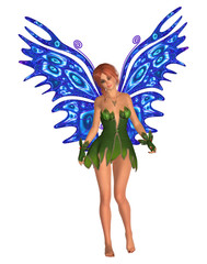 Fairy with blue butterfly wings standing. Isolated on white. 3D rendering.