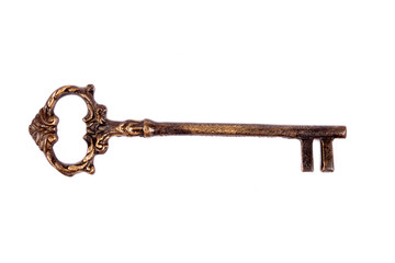Antique key isolated on white background - photograph