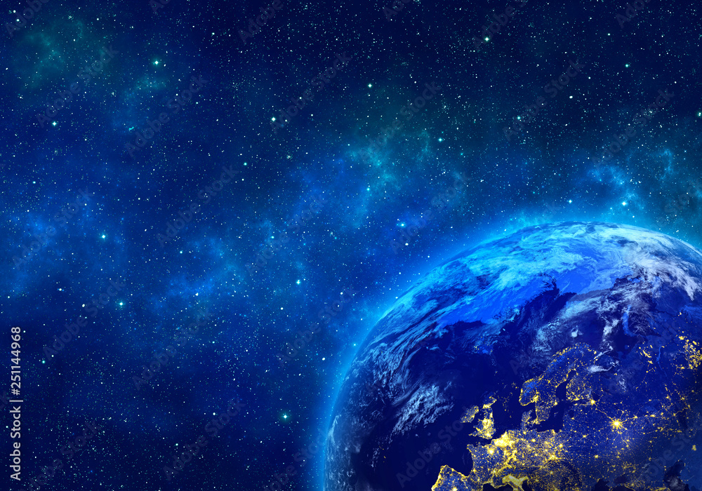 Poster planet earth in space, by night. elements of this image furnished by nasa. 3d rendering.