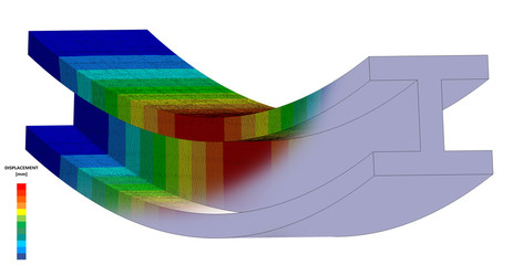 3D Illustration. Narrow isometric view of a deflection plot and CAD model blend of an I Beam in bending with scale