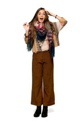 Full-length shot of Young hippie woman with surprise and shocked facial expression on isolated white background