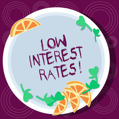 Word writing text Low Interest Rates. Business concept for meant to stimulate economic growth making it cheaper Cutouts of Sliced Lime Wedge and Herb Leaves on Blank Round Color Plate