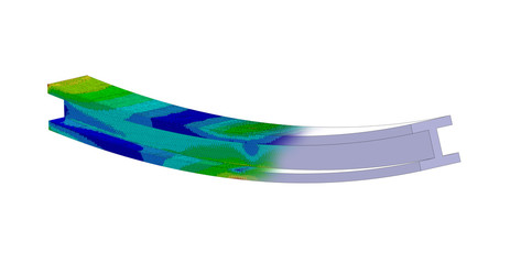 3D Illustration. Wide isometric view of a Von Mises stress plot and CAD model blend of an I Beam in bending - obrazy, fototapety, plakaty