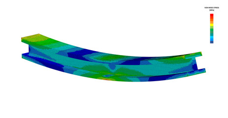 3D Illustration. Wide isometric view of a Von Mises stress plot of an I Beam in bending with scale - obrazy, fototapety, plakaty