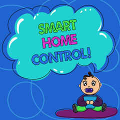 Conceptual hand writing showing Smart Home Control. Business photo text provides owners security comfort and energy efficiency Baby Sitting on Rug with Pacifier Book and Cloud Speech Bubble
