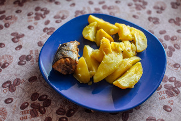 appetizing fried potatoes with fish on a plate
