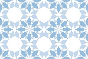 Seamless, abstract background pattern made with transparent geometric shapes in flower abstraction. Decorative, modern vector art in tones of blue color.