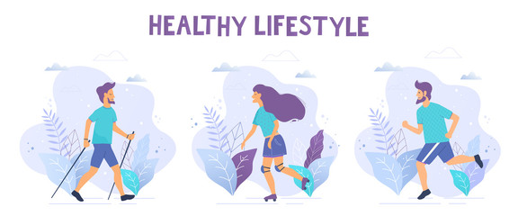 Healthy lifestyle vector illustrations. Nordic walking, running, roller skates