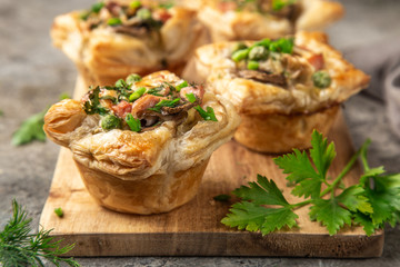 savory puff cups with ham, mushroom and   vegetables