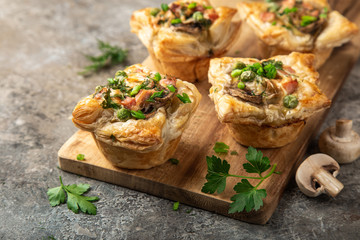 savory puff cups with ham, mushroom and   vegetables