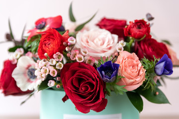Close up of beautiful bouquet of flowers in a box