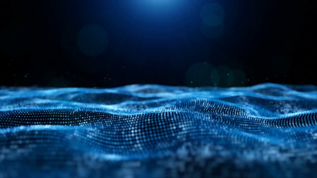 Abstract Blue Color Digital Particles. Water Wave With Bokeh Background