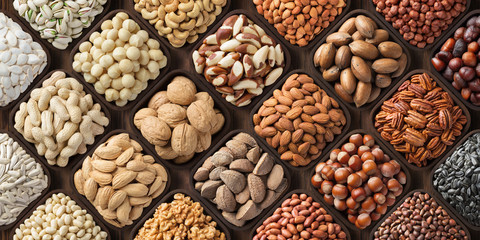 assorted nuts background, large mix seeds. raw food products: pecan, hazelnuts, walnuts, pistachios, almonds, macadamia, cashew, peanut and other - obrazy, fototapety, plakaty