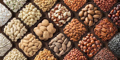 assorted nuts background, large mix seeds. raw food products: pecan, hazelnuts, walnuts, pistachios, almonds, macadamia, cashew, peanut and other - Powered by Adobe