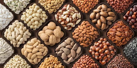 Fotobehang assorted nuts background, large mix seeds. raw food products: pecan, hazelnuts, walnuts, pistachios, almonds, macadamia, cashew, peanut and other © dmitr1ch