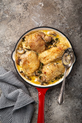 chicken with mushroom in cream garlic sause  on pan