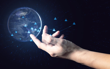 hand touch ai technology for global world of social network Elements of this image furnished by NASA