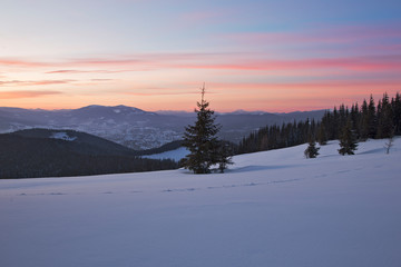 wonderful winter landscape of the Carpathians with a fantastic sunset overlooking the snow-capped Carpathian peaks. charming colors of the evening sky against the background of the winter Carpathians