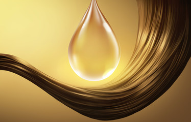 Hair care and Vitamins / hair oil Treatment . Deeply nourishing hair . Healthy brown / brunette hair and drop oil illustration.