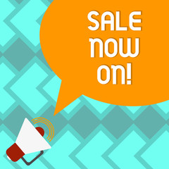 Text sign showing Sale Now On. Conceptual photo Reduction of prices Discounts Special offers at this time Megaphone with Sound Volume Icon and Blank Color Speech Bubble photo