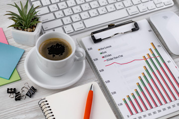 Items for business on a light background on the table, view from the top