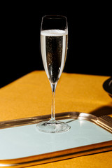 Valdobbiadene Prosecco flutes and a bottle, in pop contemporary style. Prosecco is an italian sparkling wine cultivated and produced in Valdobbiadene-Conegliano area