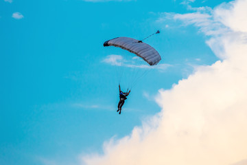 Parachutist falling from the sky in evening sunset dramatic sky. Recreational sport, Paratrooper silhouette on colored sky.