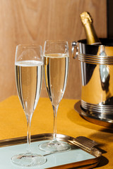 Valdobbiadene Prosecco flutes and a bottle, in pop contemporary style. Prosecco is an italian sparkling wine cultivated and produced in Valdobbiadene-Conegliano area