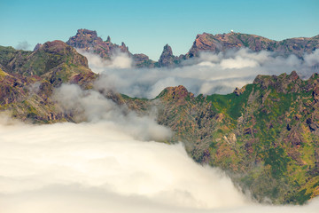 View of Pico Ruivo and Pico do Areeiro peaks in Madeira, Portugal