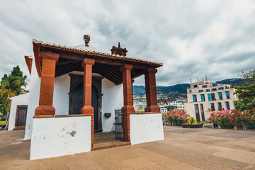 Small white chapel in Santa Catarina city park of Funchal, Madeira island, Portugal