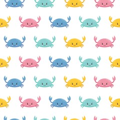 Seamless pattern with cute cartoon colorful crabs on white background. Kawaii animal