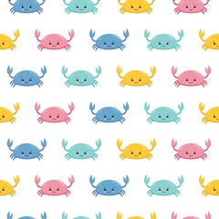 Seamless pattern with cute cartoon colorful crabs on white background. Kawaii animal