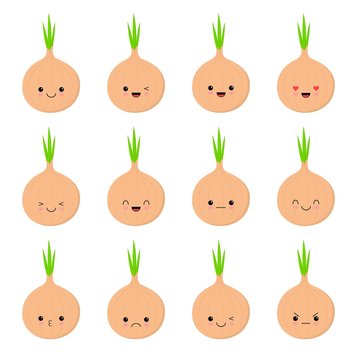 Onion. Vegetable Food concept. Emoji Emoticon collection. Cute kawaii style