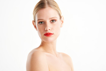 Beautiful young woman headshot with red lipstick