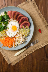 Korean beef with sprouts, spinach and fried egg.
