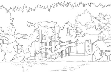 Naklejka premium Illustration in vector, rural landscape, with trees, beautiful view, open space