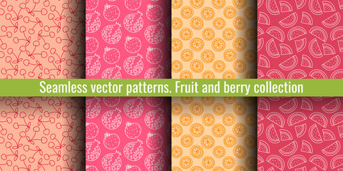 Seamless pattern set. Juicy fruit and berry collection. Cherry, pomegranate, orange, watermelon. Hand drawn color vector sketch background. Colorful doodle wallpaper. Summer print