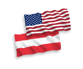 National vector fabric wave flags of Austria and America isolated on white background. 1 to 2 proportion.