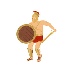 Fighting strong gladiator in red loincloth isolated on white background